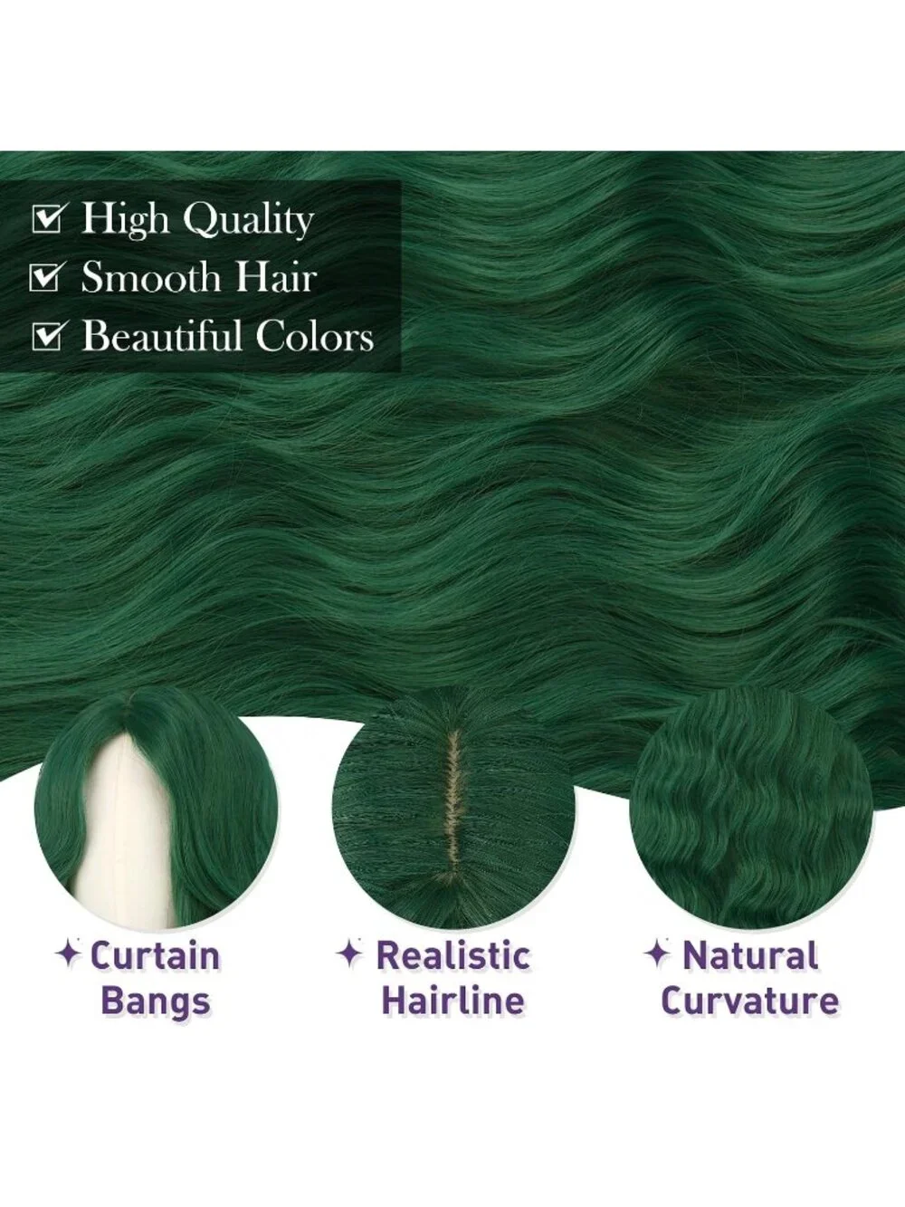 Women's Dark Green 26 Inch Heat Resistant Curtain Bangs Long Wavy Wigs